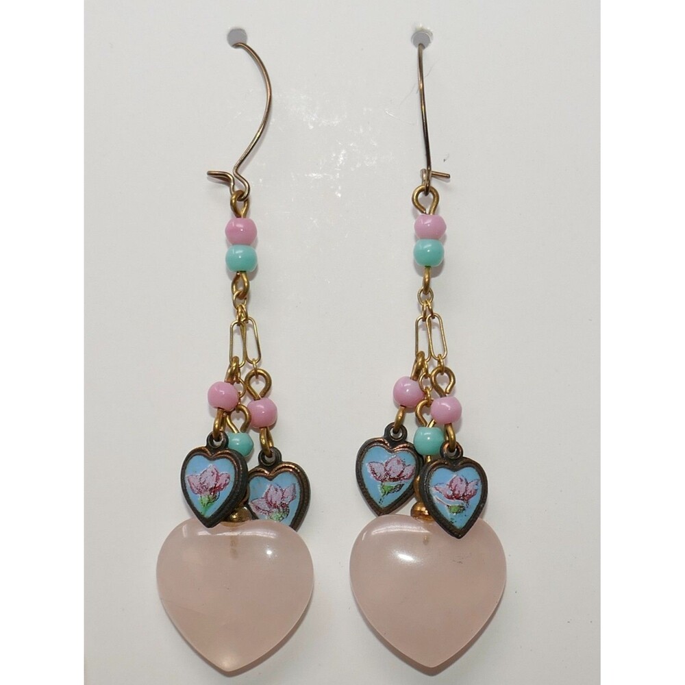Lucy Isaacs Vintage Pink Quartz Heart Charm Turquoise Rose Dangle Earrings